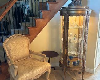 Lovely accent chair, display case, accent table
