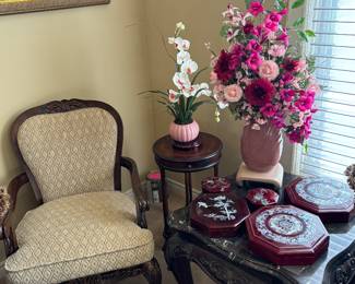 Marble end table (2 of 2), antique arm chair, wood accent table - vase/plant stand