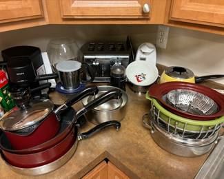 Pots, pans, toaster, coffee pot