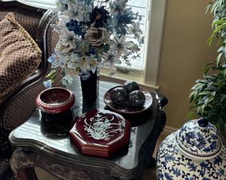 Marble end tables 1 of 2, porcelain vase, lacquer Russian box