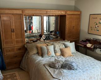 Bedroom suite with bed, frame, and headboard/storage . Can be taken apart and used separately, also will sell separately
