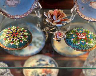 Cloisonné containers, ceramic roses