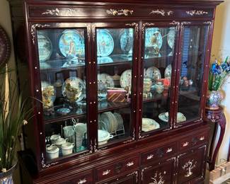 Stunning dark cherry rosewood oriental china cabinet with flower and bird mother of pearl inlay ( 2 piece cabinet)