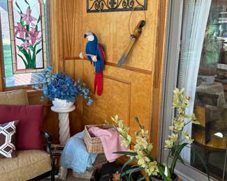 Parrots, plant stand, vases, wall hanging art