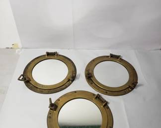 Lot # : 586 - 3 Solid brass nautical ship porthole mirrors