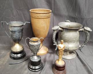 Lot # : 330 - Group of pewter, silver plate and copper trophies