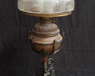 Lot # : 80 - Antique wrought iron & brass oil lamp
