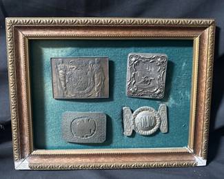 Lot # : 120 - Framed vintage brass belt buckles