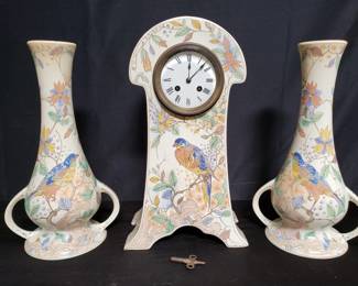 Lot # : 106 - 3-pc. Gouda (Holland) pottery mantel clock & vases