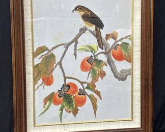 Lot # : 27 - Framed embroidered Asian art bird perched on persimmon bough.