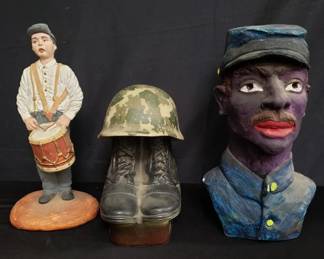 Lot # : 350 - Box of ceramic figurines and vintage Jim beam