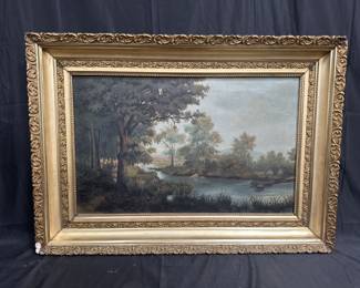 Lot # : 35 - Gilt-framed oil on canvas landscape