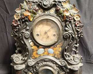 Lot # : 440 - Antique metal and wood floral clock with mother