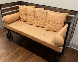Wood Wagon Bench with Iron Base/Wheels - Burlap Accents