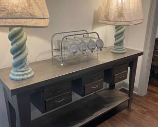 Metal Buffet with Drawers; Unique Twisted Wood Lamps with Linen Shades. 