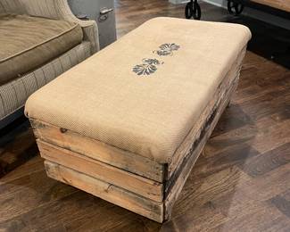 Burlap Ottoman with Wood Sides