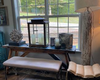 Large Floor Lamps, Metal and Cloth Bench, Birchwood Light and Candle Decor