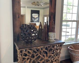 Unique Metal and Birchwood Console; Gorgeous LARGE Mirror and stunning decor items