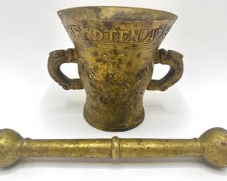 Large Antique French Engraved Gilded Bronze Mortar & Pestle With Coat Of Arms
Lot #: 170