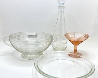 German Etched Glass Decanter, Depression Glass Goblet, Pyrex Pie Plate & Ribbed Glass Bowl With Handles
Lot #: 118