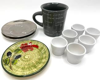 2 Metallic French Plates, Set 6 Ceramic Shot Glasses, Fishs Eddy Math Mug & Garlic Grater Plate
Lot #: 122