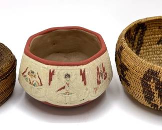 Antique Native American Hand Painted Ceramic Bowl, Signed Margaret & 2 Small Antique Native American Baskets
Lot #: 50