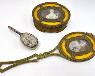 Antique Victorian Matching Vanity Hand Mirror & Jewelry Box & Sterling Silver Brush
Lot #: 10