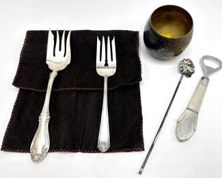 Sterling Silver Cocktail Stirrer, Sterling Bottle Opener, Silver Plate Serving Forks & Julep Cup
Lot #: 75