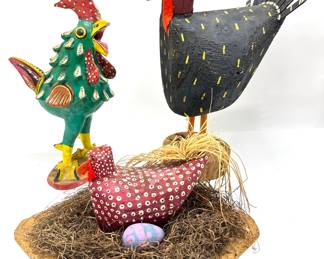 3 Folk Art Bird Figurines, Ceramic Rooster, Wood Turkey & Wood Hen With Eggs By Emma Scott
Lot #: 112