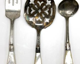 3 Mother Of Pearl Serving Pieces With Sterling Silver Ferrules, 1 Marked Sheffield
Lot #: 76