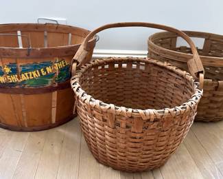 3 Vintage Wood Baskets: Longaberger, New England Swing Handle Basket & Wishnatzki & Nathel Bushel Basket
Lot #: 58