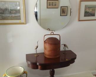 Antique card table Italian handmade and painted pottery with Japanese wedding basket on card table