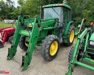 John Deere 6210 tractor with John Deere 640 loader, front wheel assist, A/C and heat in cab, AM/FM radio, quad-shift transmission, 2 remotes, 2 pt. hook up with top link, 540 PTO shaft, 16.9-34 rear tires, 13.6-24 front tires, tires are worn, 2848 hours showing, Product ID #L06210V227932, tractor includes bucket and set of pallet forks, bucket shows damage, cab has double doors, steps are bent, in running and working condition. 