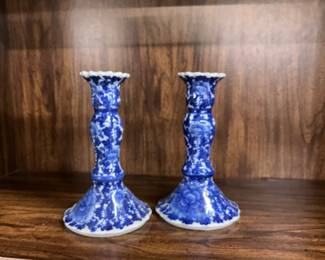 Blue and white floral candlesticks