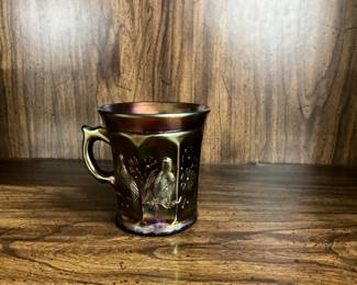 Northwood, singing, birds, amethyst, carnival glass mug