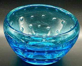 Hand Blown Heavy Blue Bubble Glass Bowl