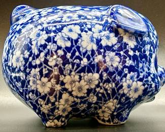 Vintage Victoria Ware Ironstone Blue Floral Calico Piggy Bank - missing stopper