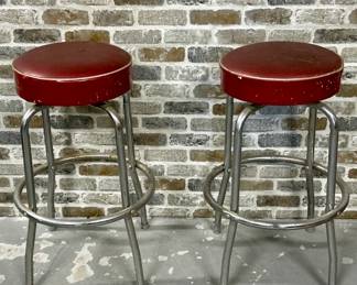 (2) Mid Century Red Vinyl Swivel Stools