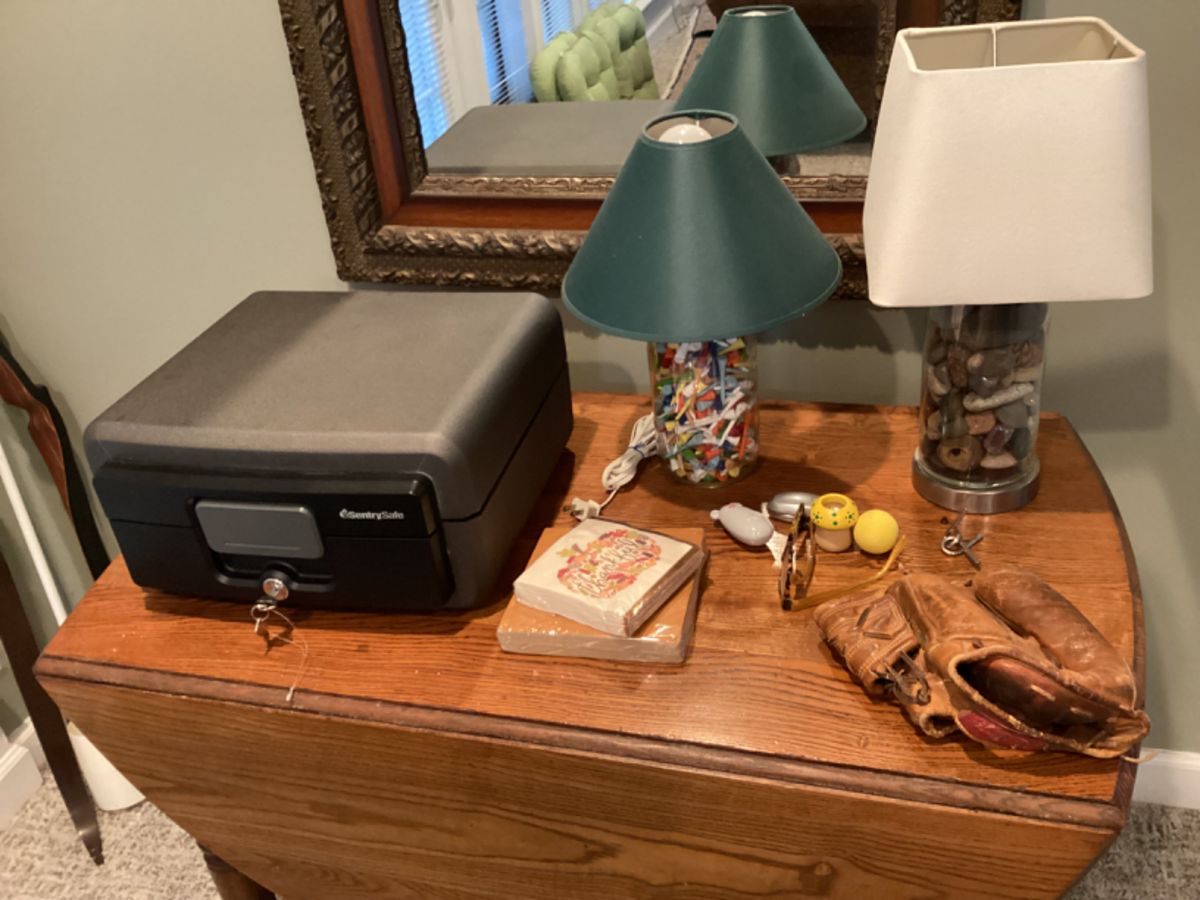 Drop leaf table-safe- old baseball glove/ two lamps