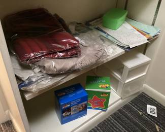 Office closet - new shawls in plastic to right but now hanging up, Crafts, & storage bins