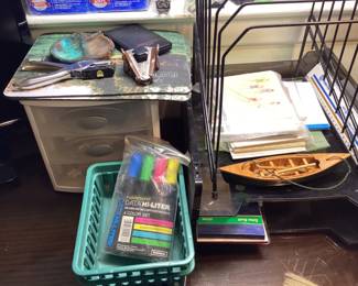 Miscellaneous office - miniature wooden carved boat to right