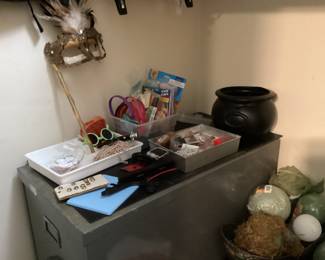 Office closet - headbands, mask, plastic cauldron & more