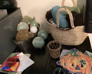 Office closet - Crafts include pumpkins, basket of yarn with knitting needles & small bags 