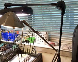 Vintage Black lamp fits on side of table with screws, front vintage lamp in brass, office supplies