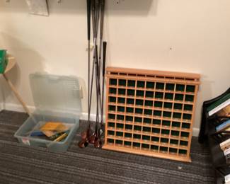 Office - vintage golf clubs, woods were made by Browning & good condition, 2 vintage irons,  2 wooden displays 
