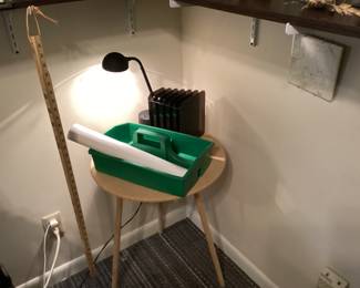 Office - round table, small vintage halogen lamp, & yardstick