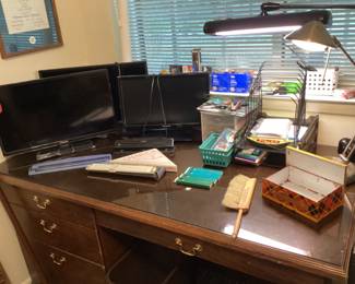 Office desk with (3) computer monitors, more office supplies & nice desk with glass top