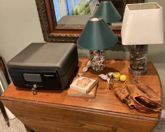 Drop leaf table-safe- old baseball glove/ two lamps
