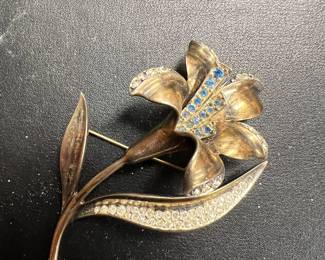 Huge large Sterling Iris brooch rhinestones