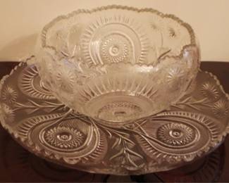 80 - Pressed Glass Punch Bowl w/ Underplate 21" and 13" round
